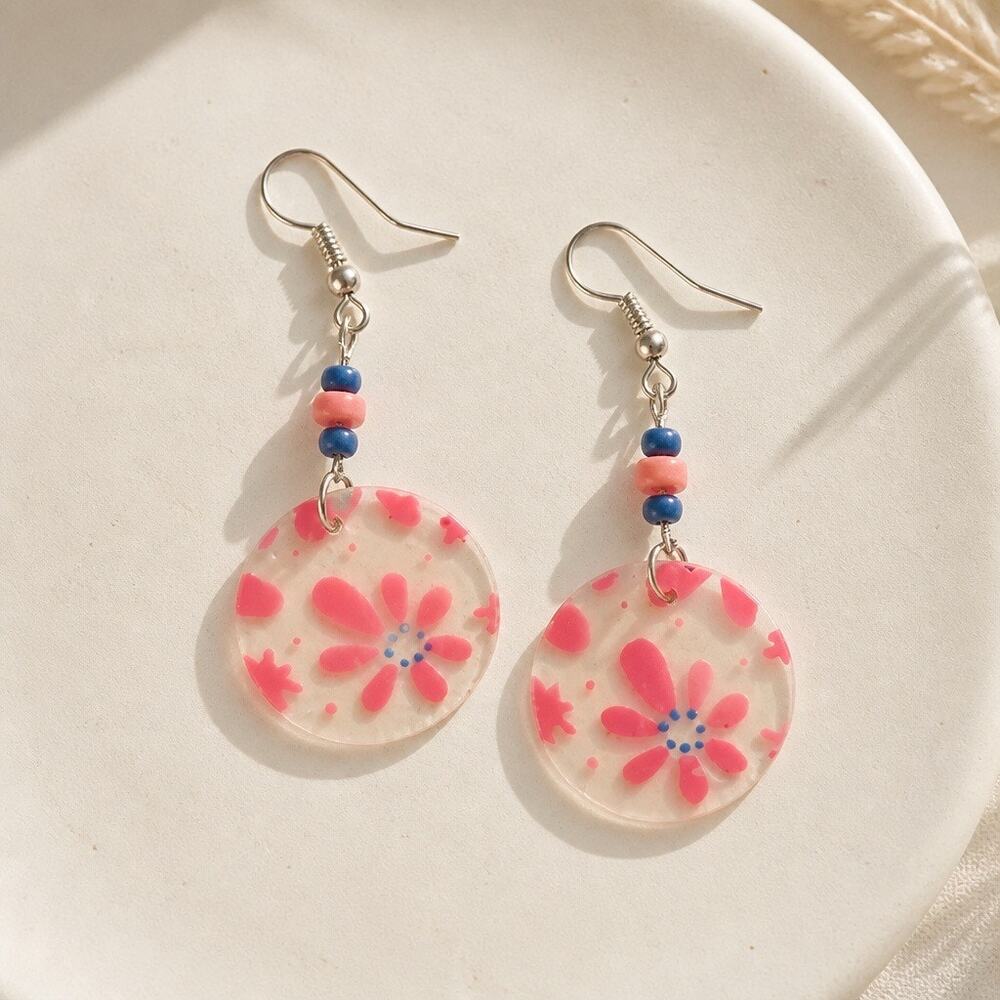 Y2K Whimsical Pink Floral Resin Disc Drop Earrings with Beaded Accents